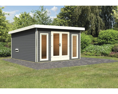 Saunahaus Karibu Sainburga 3 Set B ohne Ofen mit Vorraum, Fenster und Holztüre mit Klarglas terragrau/weiß