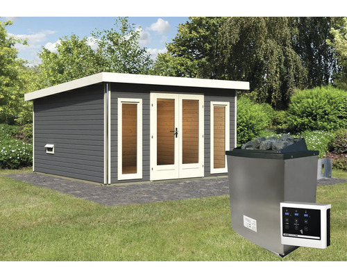 Saunahaus Karibu Sainburga 3 Set B inkl. 9 kW Ofen u.ext. Steuerung mit Vorraum, Fenster und Holztüre mit Klarglas terragrau/weiß
