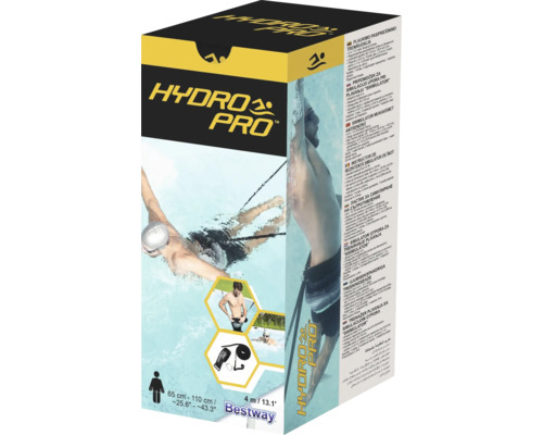 Verpackung des Hydro Pro Schwimmtrainers von Bestway, geeignet für Körpergrößen von 65 Zentimeter bis 110 Zentimeter, mit einer Länge von 4 Meter