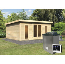 Saunahaus Karibu Sainburga 4 Set A inkl. 9 kW Ofen u.ext. Steuerung mit Vorraum, Fenster und Holztüre mit Klarglas