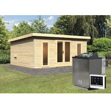 Saunahaus Karibu Sainburga 4 Set A inkl. 9 kW Bio Ofen u.ext. Steuerung mit Vorraum, Fenster und Holztüre mit Klarglas