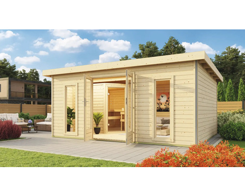 Saunahaus Karibu Sainburga 4 Set B inkl. 9 kW Bio Ofen u.ext. Steuerung mit Vorraum, Fenster und Holztüre mit Klarglas Saunahaus Karibu Sainburga 4 Set B inkl. 9 kW Bio Ofen u.ext. Steuerung mit Vorraum, Fenster und Holztüre mit Klarglas