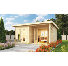 Saunahaus Karibu Sainburga 5 Set A inkl. 9 kW Bio Ofen u.ext. Steuerung mit Vorraum, Fenster und Holztüre mit Klarglas