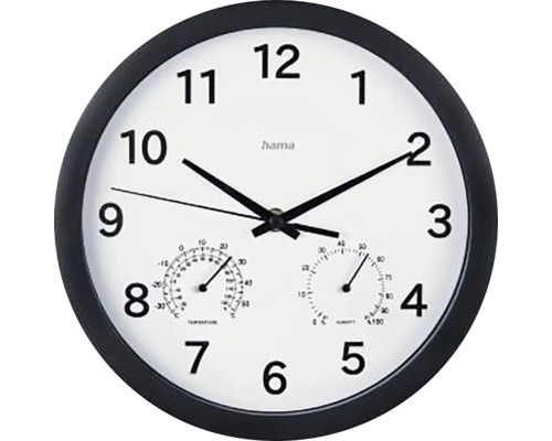 Wanduhr Analog Malta mit Thermometer und Hygrometer geräuschlos schwarz weiß Ø 25 cm