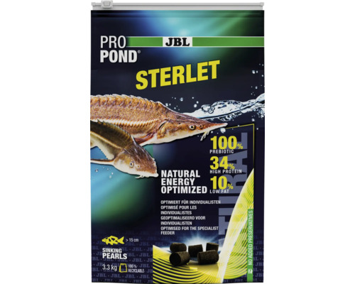 Teichfischfutter JBL PRO POND STERLET 3,0 kg Störfischfutter JBL Pro Pond Sterlet Fischfutter Verpackung mit Stör Darstellung