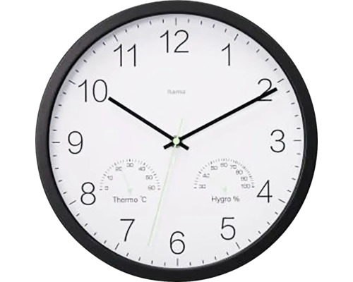 Wanduhr Analog Santorini mit Thermometer und Hygrometer geräuschlos schwarz weiß Ø 30 cm Wanduhr Analog Santorini mit Thermometer und Hygrometer geräuschlos schwarz weiß Ø 30 cm