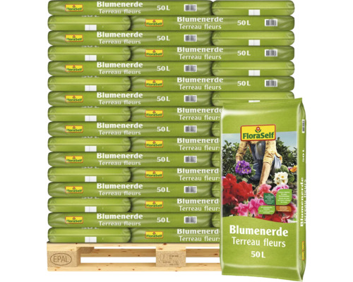 Blumenerde FloraSelf (48 Sack x 50 Liter = 2,4 m³)1 Palette Palette mit Blumenerde, 50 Liter Säcke, Marke FloraSelf