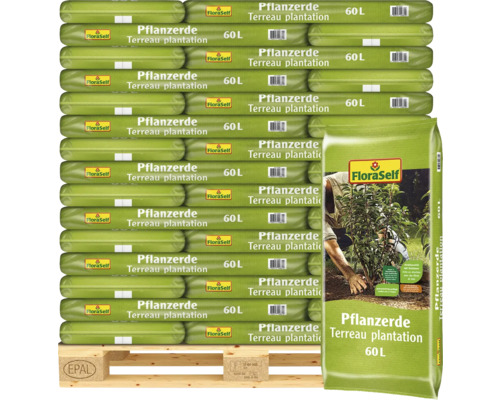 Pflanzerde FloraSelf Select (45 Sack x 60 Liter = 2,7 m³) 1 Palette Palette mit FloraSelf Pflanzerde Terreau Plantation in 60 Liter Säcken.
