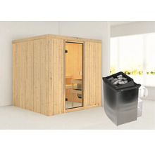 Elementsauna Karibu Tromsö inkl. 9 kW Ofen u.integr.Steuerung ohne Dachkranz mit bronzierter Ganzglastüre