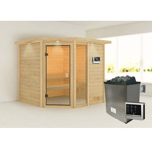 Massivholzsauna Karibu Tabea inkl.9 kW Ofen u.ext.Steuerung mit Dachkranz und bronzierter Ganzglastüre