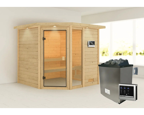 Massivholzsauna Karibu Tabea inkl.9 kW Ofen u.ext.Steuerung mit Dachkranz und bronzierter Ganzglastüre
