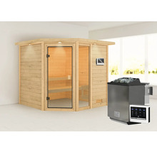 Holzsauna mit Glastür und Saunaofen