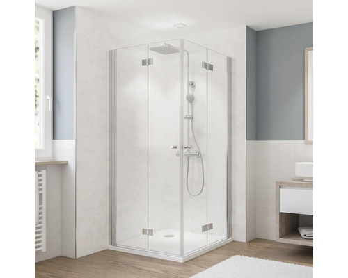 Eckeinstieg mit Drehfalttür BREUER Fara 5 75 x 90 x 190 cm Profil silber Klarglas