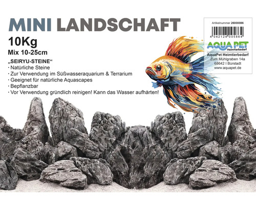 Mini-Landschaft aus Seiryu-Steinen, 10 Kilogramm, Mischung aus 10 bis 25 Zentimeter großen Natursteinen für Süßwasseraquarien und Terrarien, geeignet für natürliche Aquascapes, bepflanzbar, vor Verwendung gründlich reinigen. AquaPet Logo.