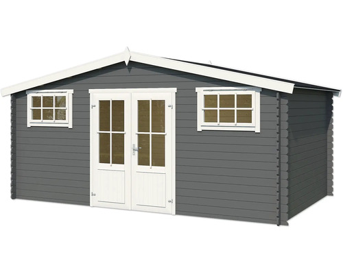 Graues Gartenhaus mit Doppeltür und zwei Fenstern