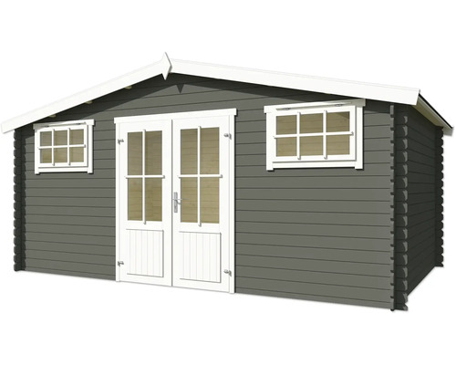 Graues Gartenhaus mit Fenstern und Doppeltür