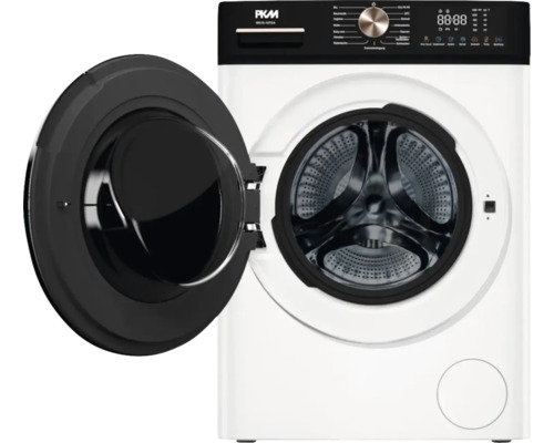 Geöffnete, freistehende, weisse PKM Waschmaschine mit schwarzem Bedienfeld