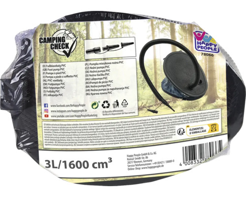 Fußpumpe mit Camping Check Label und Happy People Logo