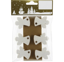 Verpackung mit sechs Holzanhängern in Engelform mit Sternausschnitt