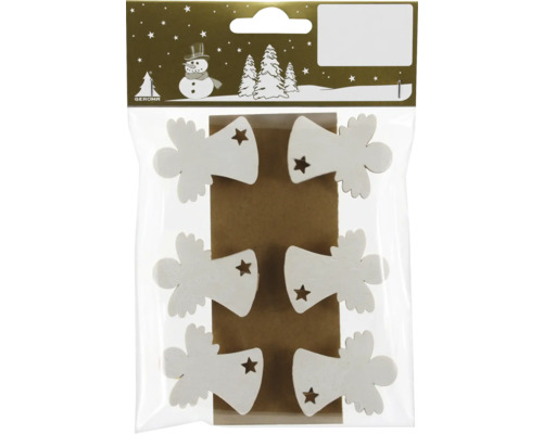 Holzclips Engel mit Stern Holz weiß 6 Stück Verpackung mit sechs Holzanhängern in Engelform mit Sternausschnitt