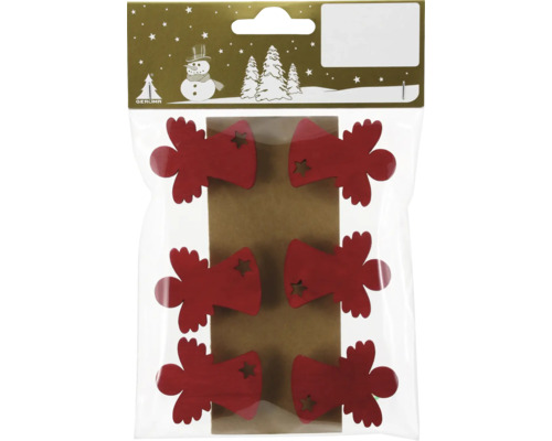 Verpackung mit sechs Holzanhängern in Engelform mit Sternausschnitt