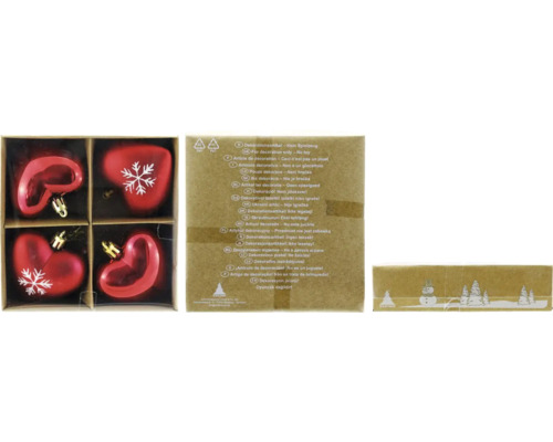 Weihnachtsbaumanhänger Herzen Kunststoff Ø 6,5 cm rot/weiß 4 Stück Set mit vier herzförmigen Christbaumkugeln mit Schneeflockenmuster zur Dekoration