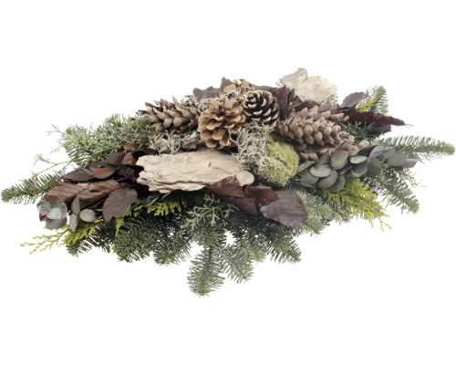 Gesteck mit Tannenzweigen, Zapfen, Blättern und Holz
