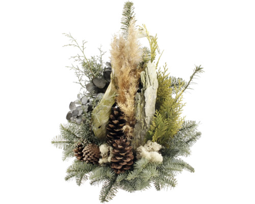 Dekoratives Weihnachtsgesteck mit Tannenzapfen, Zweigen und Holz