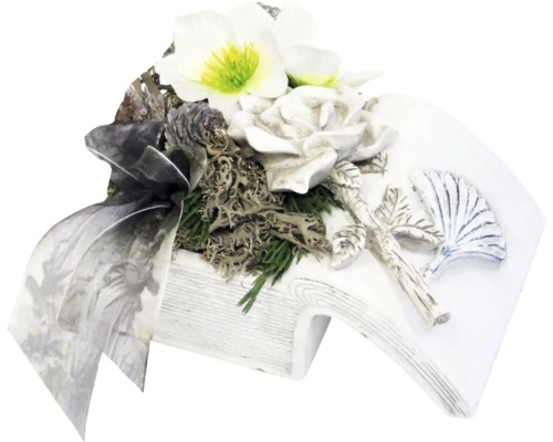 Grabgesteck Keramikbuch mit Christrose creme H ca. 11 cm B ca. 12,5 cm L ca. 17,5 cm Grabgesteck mit Rose, Helleborusblüten und Schleife