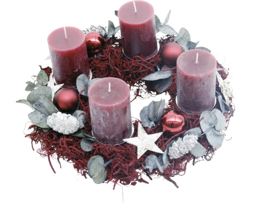 Adventskranz Curlymooskranz ca. Ø 35 cm H ca. 15 cm inkl. 4 Rustik Kerzen bordeaux Adventskranz mit vier Kerzen, Kugeln und Stern