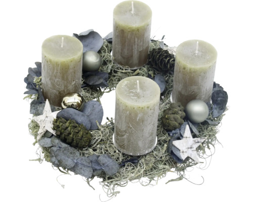 Adventskranz Curlymooskranz ca. Ø 35 cm H ca. 15 cm inkl. 4 Rustik Kerzen olive Adventskranz mit vier Kerzen, Tannenzapfen, Sternen und Kugeln