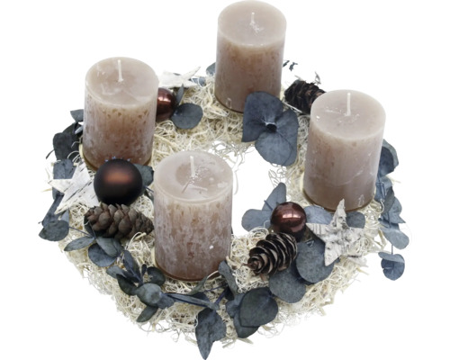 Adventskranz Curlymooskranz ca. Ø 35 cm H ca. 15 cm inkl. 4 Rustik Kerzen erdnuss Adventskranz mit vier Kerzen, Tannenzapfen und Dekoration