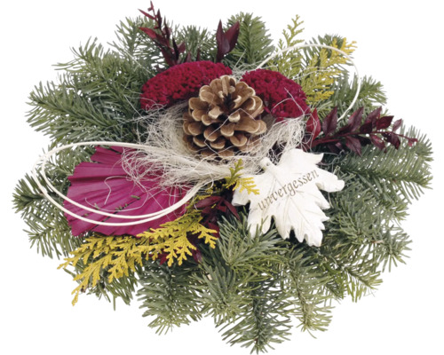 Grabgesteck Nobilisgesteck mit Ahornblatt Ø ca. 30 cm H ca. 15 cm brombeer Gesteck mit Tannenzweigen, Zapfen und Blattanhänger