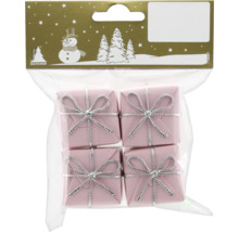 Verpackung mit vier rosa Geschenkboxen mit silberfarbener Schleife