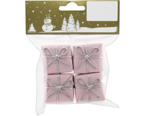 Weihnachtsbaumanhänger Päckchen Styropor/Papier rosa 4 Stück Verpackung mit vier rosa Geschenkboxen mit silberfarbener Schleife