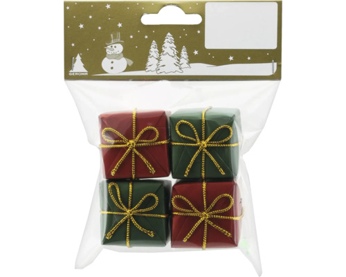 Weihnachtsbaumanhänger Päckchen Styropor/Papier rot 4 Stück Verpackung mit vier kleinen Geschenkboxen in Rot und Grün mit goldener Schleife als Weihnachtsdekoration