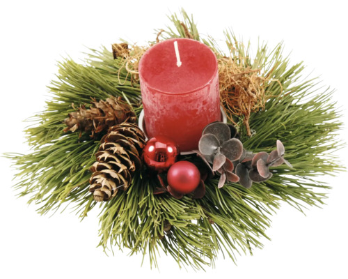 Adventsgesteck Bergkiefern-Gesteck Ø ca. 23 cm H ca. 12 cm, inkl. 1 Rustik Kerze 5/9 cm rot, echte Konifere Weihnachtsdekoration mit Kerze, Tannenzweigen und Tannenzapfen