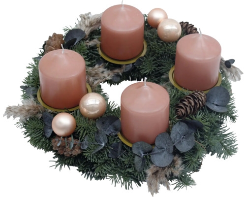 Adventskranz Tanne ca. Ø 30 cm inkl. 4 Stumpenkerzen lachs 7/8 cm,Tellerkranz frisch gebunden, echte Konifere Adventskranz mit vier Kerzen, Tannenzweigen, Kugeln und Zapfen