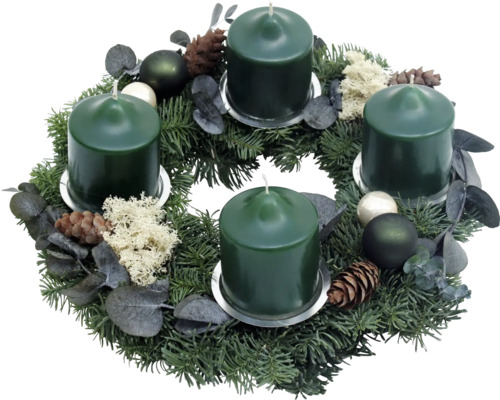 Adventskranz Tanne ca. Ø 30 cm inkl. 4 Stumpenkerzen grün 7/8 cm,Tellerkranz frisch gebunden, echte Konifere Adventskranz mit vier Kerzen, Tannenzweigen und Dekoration