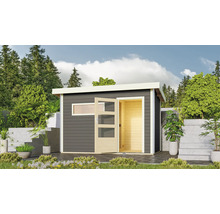 Modernes Gartenhaus mit Fenster und offener Tür in Gartenlandschaft