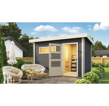 Saunahaus Karibu Topas 2 inkl.9 kW Ofen u.ext.Steuerung mit Holztüre und Klarglas terragrau/weiß