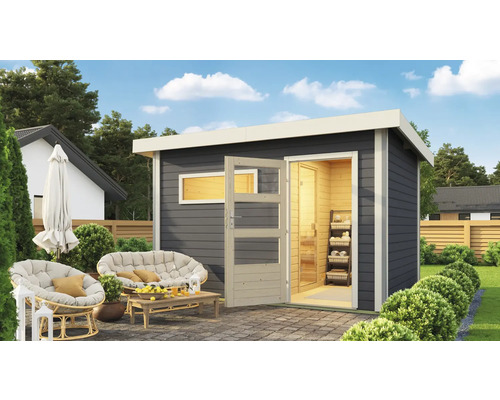 Saunahaus Karibu Topas 2 inkl.9 kW Ofen u.ext.Steuerung mit Holztüre und Klarglas terragrau/weiß