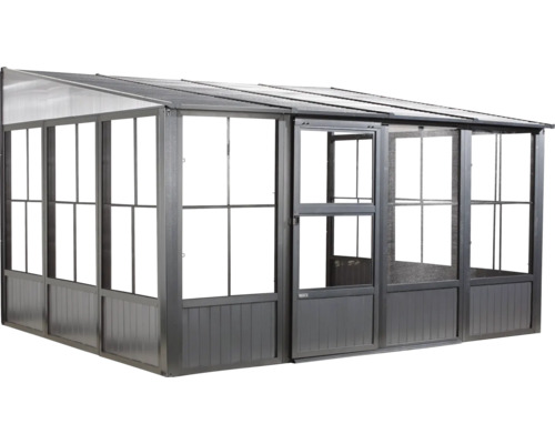 Wintergarten SOJAG Mural 1013 404 x 308,96 cm anthrazit Gewächshaus mit Schiebetür und transparenten Paneelen