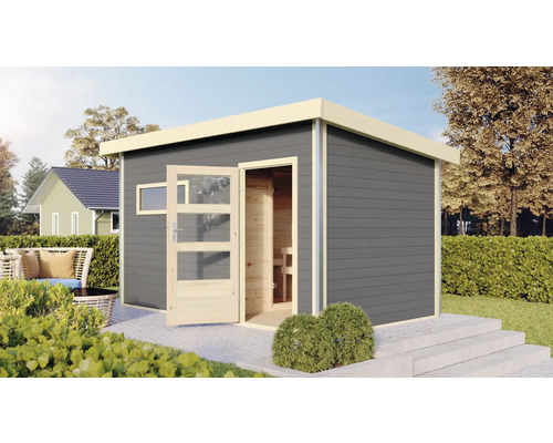 Saunahaus Karibu Skrollano 3 inkl.9 kW Ofen u.ext.Steuerung mit Vorraum und Holztüre mit Isolierglas wärmegedämmt terragrau/weiß Holzsauna mit Glastür im Garten
