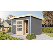 Saunahaus Karibu Skrollano 3 inkl.9 kW Bio Ofen u.ext.Steuerung mit Vorraum und Holztüre mit Isolierglas wärmegedämmt terragrau/weiß