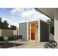 Saunahaus Karibu Zirkon 1 inkl.9 kW Ofen u.ext.Steuerung mit Vorraum und Holztüre mit Klarglas terragrau/weiß