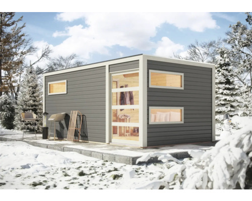 Saunahaus Karibu Zirkon 2 inkl.9 kW Ofen u.ext.Steuerung mit Vorraum und Holztüre mit Klarglas terragrau/weiß