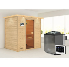 Massivholzsauna Karibu Sonja inkl. 9 kW Bio Ofen u.ext.Steuerung mit Dachkranz und bronzierter Ganzglastüre