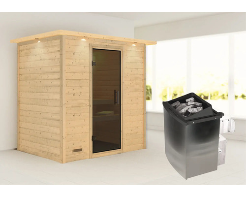 Massivholzsauna Karibu Sonja inkl.9 kW Ofen u.integr.Steuerung mit Dachkranz und graphitfarbiger Ganzglastüre
