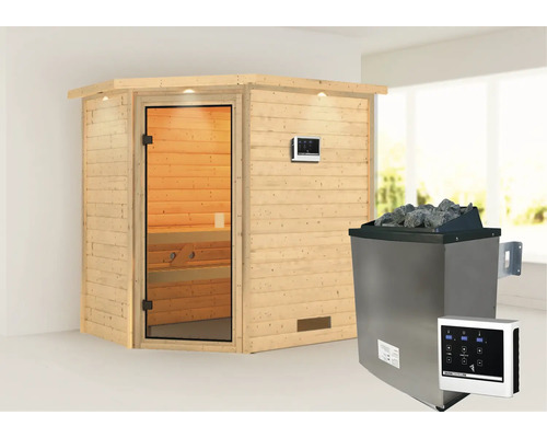Massivholzsauna Karibu Svea inkl.9 kW Ofen u.ext.Steuerung mit Dachkranz und bronzierter Ganzglastüre Massivholzsauna Karibu Svea inkl.9 kW Ofen u.ext.Steuerung mit Dachkranz und bronzierter Ganzglastüre